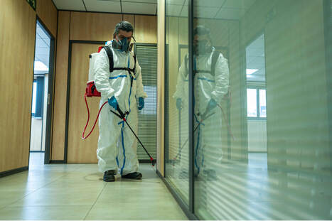 Man spraying pesticide in a building